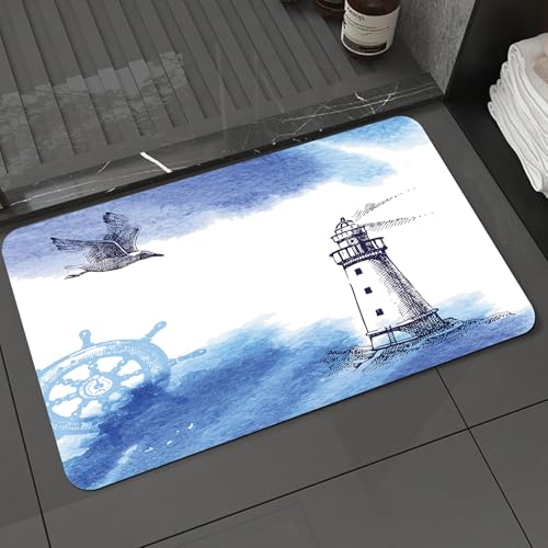 KDWJS Badematte rutschfest Super Absorbierende Badezimmerteppich,Waschbar Duschvorleger,Badewannen undBadezimmer,Seelandschaft Leuchtturm am Horizont mit Einer Möwe. Vektor-Illustration,40x60 cm von KDWJS