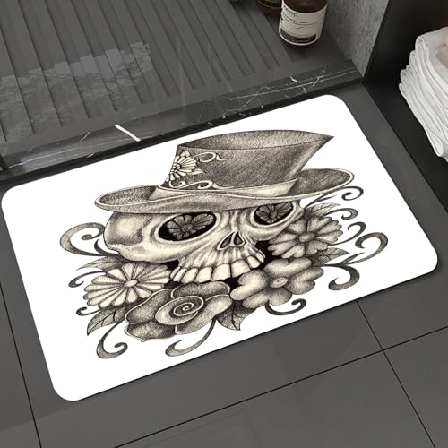 KDWJS Badematte rutschfest Super Absorbierende Badezimmerteppich,Waschbar Duschvorleger,Badewannen undBadezimmer,Skeleton, EIN monochromer Totenkopf mit Hut und Blumen, strahlt eine Retro-,40x60 cm KDWJS Badematte rutschfest Super Absorbierende Badezimmerteppich,Waschbar Duschvorleger,Badewannen undBadezimmer,Skeleton, EIN monochromer Totenkopf mit Hut und Blumen, strahlt eine Retro-,40x60 cm von KDWJS