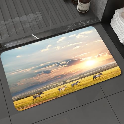 KDWJS Badematte rutschfest Super Absorbierende Badezimmerteppich,Waschbar Duschvorleger,Badewannen undBadezimmer,Sonnenuntergang über Savannah, Zebra überquert anmutig das goldene Feld unte,40x60 cm von KDWJS