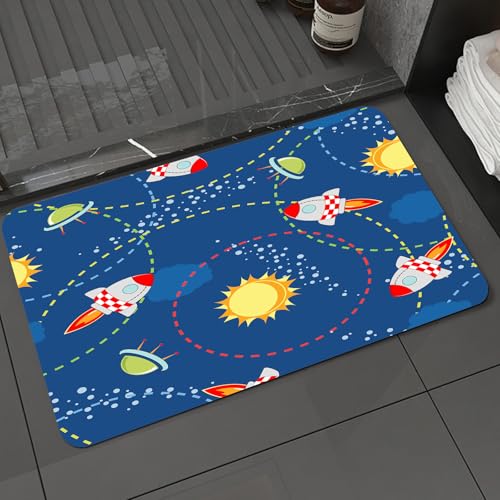 KDWJS Badematte rutschfest Super Absorbierende Badezimmerteppich,Waschbar Duschvorleger,Badewannen undBadezimmer,Stil Weltraum, Rakete, Sonnenschein und UFO-Muster, Verspieltes Design, süße,40x60 cm KDWJS Badematte rutschfest Super Absorbierende Badezimmerteppich,Waschbar Duschvorleger,Badewannen undBadezimmer,Stil Weltraum, Rakete, Sonnenschein und UFO-Muster, Verspieltes Design, süße,40x60 cm von KDWJS