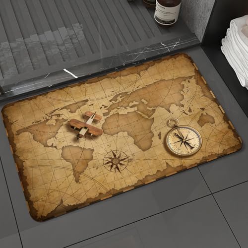 KDWJS Badematte rutschfest Super Absorbierende Badezimmerteppich,Waschbar Duschvorleger,Badewannen undBadezimmer,Stillleben mit Alter Schatzkarte, Lineal, Seil und altem Messingkompass,40x60 cm von KDWJS