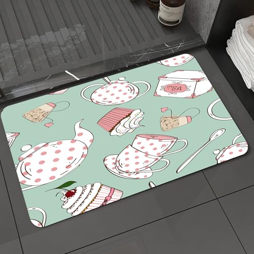 KDWJS Badematte rutschfest Super Absorbierende Badezimmerteppich,Waschbar Duschvorleger,Badewannen undBadezimmer,Teeparty-Thema, Teekanne, Tasse und Süßigkeiten mit süßen runden dekorativen,40x60 cm von KDWJS