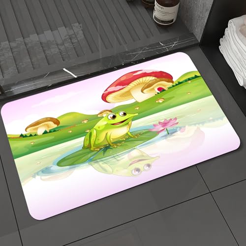 KDWJS Badematte rutschfest Super Absorbierende Badezimmerteppich,Waschbar Duschvorleger,Badewannen undBadezimmer,Tier-Set, Illustration eines süßen Frosches auf Einer Seerose mit Pilzen im,40x60 cm von KDWJS