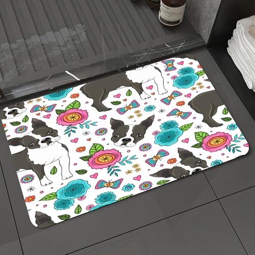 KDWJS Badematte rutschfest Super Absorbierende Badezimmerteppich,Waschbar Duschvorleger,Badewannen undBadezimmer,Tiere, Boston Terrier und schöne Blumen Nahtlose Muster auf weißem Hintergru,40x60 cm von KDWJS