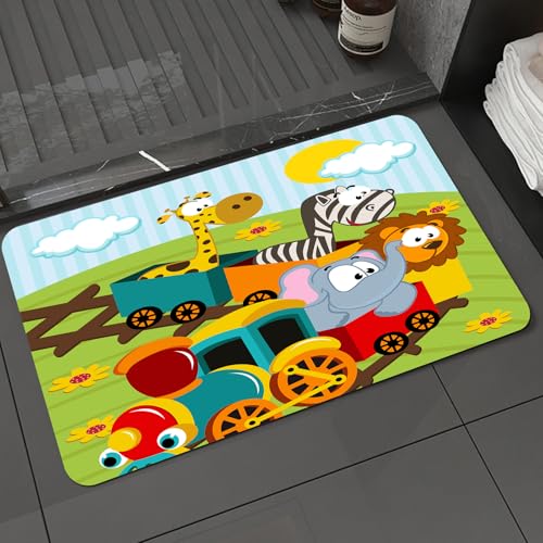 KDWJS Badematte rutschfest Super Absorbierende Badezimmerteppich,Waschbar Duschvorleger,Badewannen undBadezimmer,Tiere im Zug - Giraffe, Zebra, Elefant und Löwe auf einem bunten Zug,40x60 cm von KDWJS