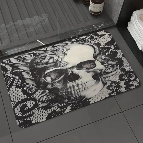 KDWJS Badematte rutschfest Super Absorbierende Badezimmerteppich,Waschbar Duschvorleger,Badewannen undBadezimmer,Totenkopf-Design, schwarz-weißer Totenkopf mit komplexen Rosendetails, der e,40x60 cm von KDWJS
