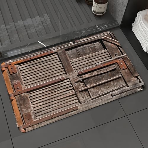 KDWJS Badematte rutschfest Super Absorbierende Badezimmerteppich,Waschbar Duschvorleger,Badewannen undBadezimmer,Verwitterte Holztür, eine alte Tür mit geflickten Holzbrettern und rostigen,40x60 cm von KDWJS