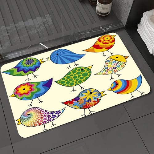 KDWJS Badematte rutschfest Super Absorbierende Badezimmerteppich,Waschbar Duschvorleger,Badewannen undBadezimmer,Vogel, neun abstrakte modische, Vogel mit Blume Punktmuster-Design,40x60 cm von KDWJS