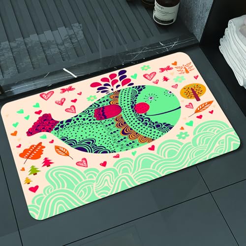 KDWJS Badematte rutschfest Super Absorbierende Badezimmerteppich,Waschbar Duschvorleger,Badewannen undBadezimmer,Wal-Dekoration, bunt Ornamental gestalteter großer Wal mit Wellen, Pflanzen,40x60 cm von KDWJS