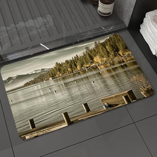 KDWJS Badematte rutschfest Super Absorbierende Badezimmerteppich,Waschbar Duschvorleger,Badewannen undBadezimmer,Wald Bäume Lake Carnelian Bay Tahoe Kalifornien USA Promenade ruhige Szene,40x60 cm von KDWJS