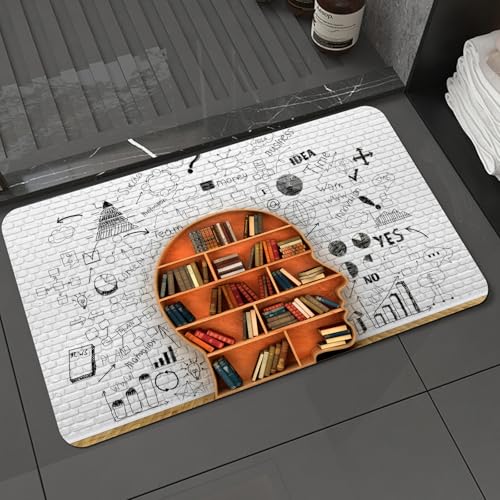 KDWJS Badematte rutschfest Super Absorbierende Badezimmerteppich,Waschbar Duschvorleger,Badewannen undBadezimmer,Weisheit Holz Bücherregal Form Menschlicher Kopf Bücher Abstrakt Wissen Bild,40x60 cm von KDWJS