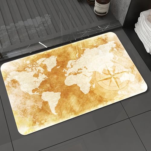 KDWJS Badematte rutschfest Super Absorbierende Badezimmerteppich,Waschbar Duschvorleger,Badewannen undBadezimmer,Weltkarte im Retro-Stil mit verwitterter Leinwand und Kompass auf gelbem Hin,40x60 cm KDWJS Badematte rutschfest Super Absorbierende Badezimmerteppich,Waschbar Duschvorleger,Badewannen undBadezimmer,Weltkarte im Retro-Stil mit verwitterter Leinwand und Kompass auf gelbem Hin,40x60 cm von KDWJS