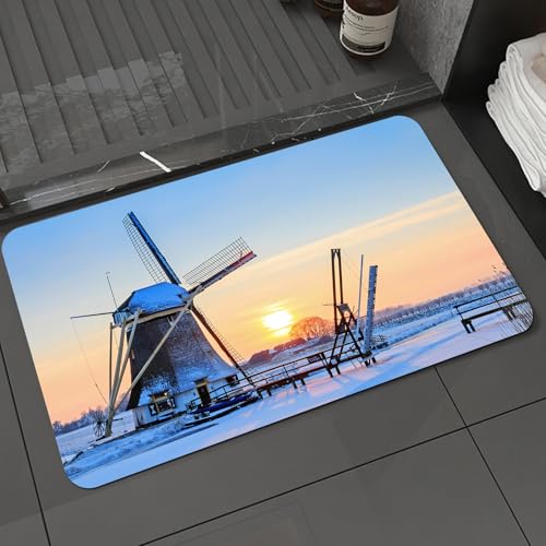 KDWJS Badematte rutschfest Super Absorbierende Badezimmerteppich,Waschbar Duschvorleger,Badewannen undBadezimmer,Windmühlendekoration, gefrorener Winterblick, Windmühle in Holland,40x60 cm KDWJS Badematte rutschfest Super Absorbierende Badezimmerteppich,Waschbar Duschvorleger,Badewannen undBadezimmer,Windmühlendekoration, gefrorener Winterblick, Windmühle in Holland,40x60 cm von KDWJS