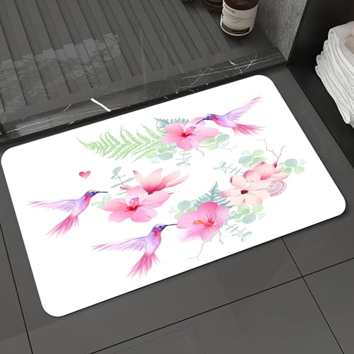 KDWJS Badematte rutschfest Super Absorbierende Badezimmerteppich,Waschbar Duschvorleger,Badewannen undBadezimmer,Zarte Tropische Blumen mit fliegenden Kolibris runden Vektor.. Tropisch,40x60 cm von KDWJS