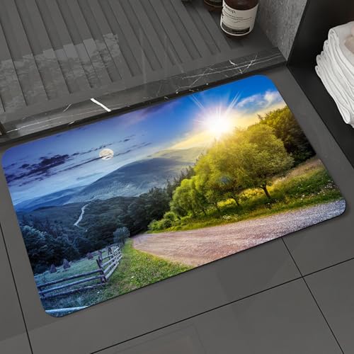 KDWJS Badematte rutschfest Super Absorbierende Badezimmerteppich,Waschbar Duschvorleger,Badewannen undBadezimmer,Zaun in der Nähe der Straße den Hügel hinunter mit Wald in den Bergen bei Su,40x60 cm von KDWJS
