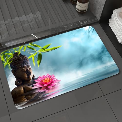 KDWJS Badematte rutschfest Super Absorbierende Badezimmerteppich,Waschbar Duschvorleger,Badewannen undBadezimmer,Zen-Dekor, Zen-Seerosen-Blumen, Spa-Dekor, Natur, Feng Shui Nat,40x60 cm von KDWJS