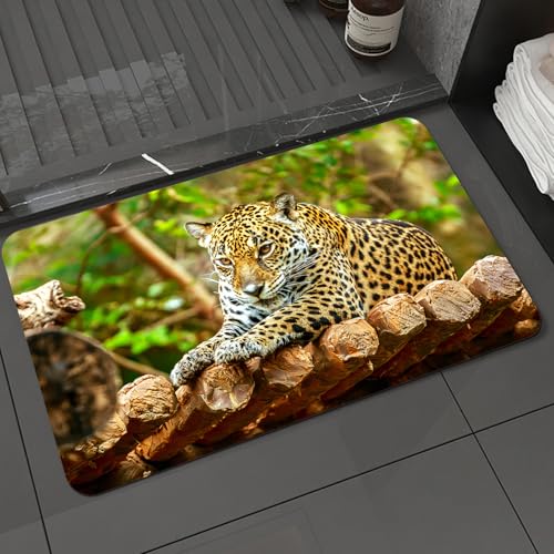 KDWJS Badematte rutschfest Super Absorbierende Badezimmerteppich,Waschbar Duschvorleger,Badewannen undBadezimmer,Zoo, Jaguar auf einem Holzboden Wildtiere,40x60 cm von KDWJS