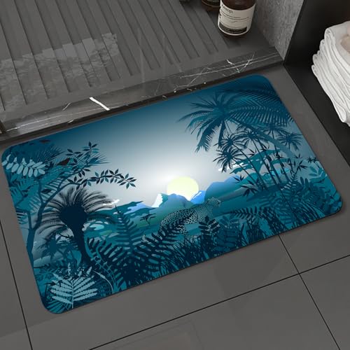 KDWJS Badematte rutschfest Super Absorbierende Badezimmerteppich,Waschbar Duschvorleger,Badewannen undBadezimmer,charmanter Leopard, umgeben von einem tropischen Dschungel im Mondlicht,40x60 cm von KDWJS