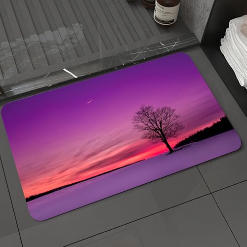 KDWJS Badematte rutschfest Super Absorbierende Badezimmerteppich,Waschbar Duschvorleger,Badewannen undBadezimmer,einsamer Baum Steht im Schnee vor einem violett-rosa Himmel mit Mond,40x60 cm von KDWJS