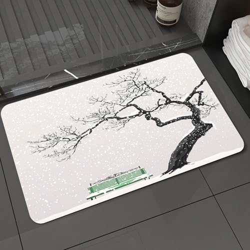 KDWJS Badematte rutschfest Super Absorbierende Badezimmerteppich,Waschbar Duschvorleger,Badewannen undBadezimmer,einsamer Baum und frostbedeckte grüne Bank unter fallendem Schnee,40x60 cm von KDWJS