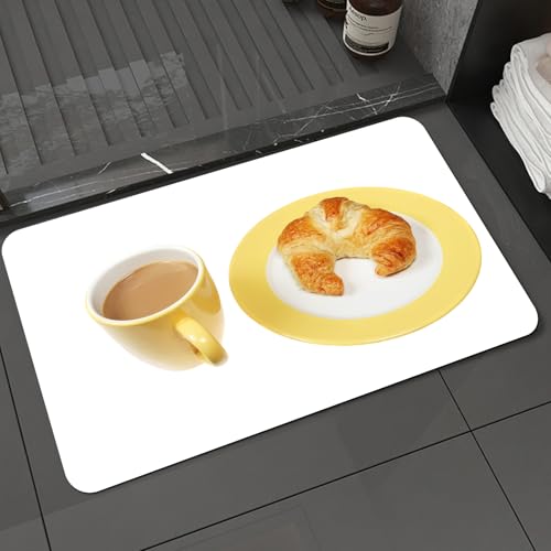 KDWJS Badematte rutschfest Super Absorbierende Badezimmerteppich,Waschbar Duschvorleger,Badewannen undBadezimmer,gelbe Tasse Kaffee und Croissants auf einem Teller auf weißem Hintergrund,40x60 cm von KDWJS