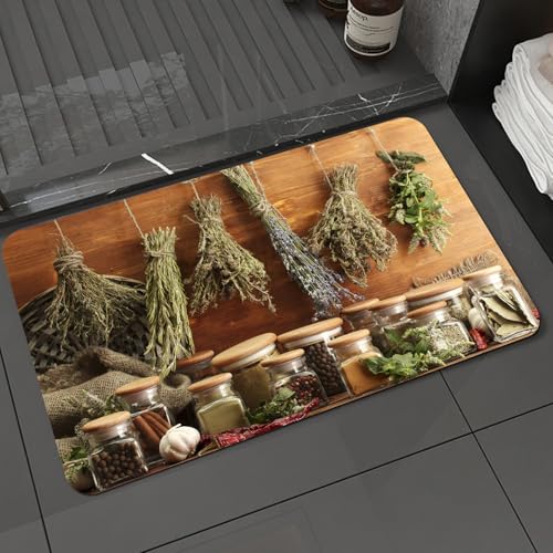 KDWJS Badematte rutschfest Super Absorbierende Badezimmerteppich,Waschbar Duschvorleger,Badewannen undBadezimmer,getrocknete Kräuter, Gewürze und Pfeffer auf Holzhintergrund,40x60 cm von KDWJS