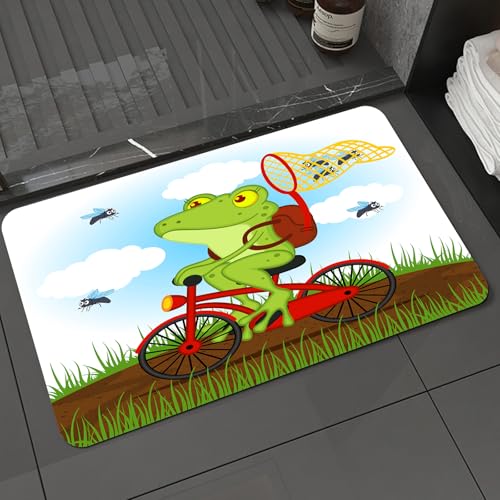 KDWJS Badematte rutschfest Super Absorbierende Badezimmerteppich,Waschbar Duschvorleger,Badewannen undBadezimmer,lustiger Frosch auf einem Fahrrad jagt flatternd in der Natur,40x60 cm von KDWJS