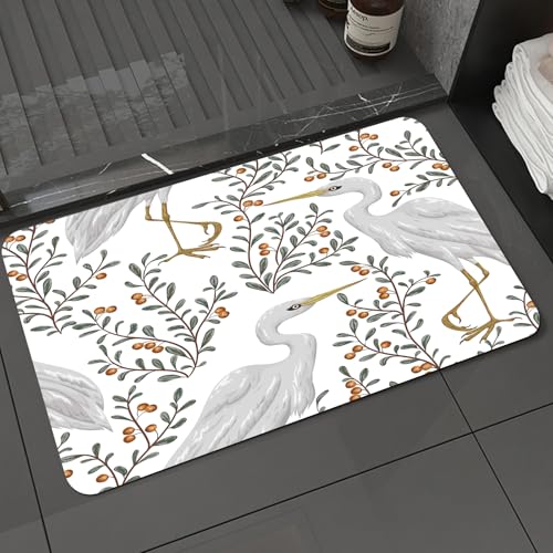 KDWJS Badematte rutschfest Super Absorbierende Badezimmerteppich,Waschbar Duschvorleger,Badewannen undBadezimmer,mit Reihervogel und Preiselbeerpflanze. Rustikaler botanischer Hintergrund.,40x60 cm von KDWJS