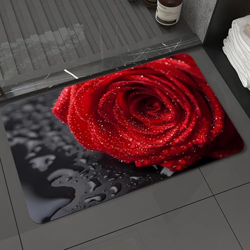 KDWJS Badematte rutschfest Super Absorbierende Badezimmerteppich,Waschbar Duschvorleger,Badewannen undBadezimmer,schöne rote Rose mit Wassertropfen auf schwarzem Hintergrund,40x60 cm von KDWJS