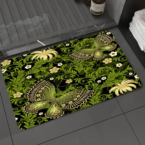 KDWJS Badematte rutschfest Super Absorbierende Badezimmerteppich,Waschbar Duschvorleger,Badewannen undBadezimmer,wunderschöne Blumen und Schmetterlinge, Grünpflanzen, Blumen und Schmetterli,40x60 cm von KDWJS