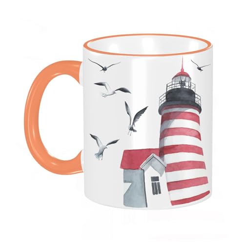 KDWJS Tasse Keramik Kaffeetassen Große 11oz Tassen 330ml Trinkgläser Mit Griff Personalisierte Geschenk Weiß, Aquarell Leuchtturm und Möwen gemacht in KDWJS Tasse Keramik Kaffeetassen Große 11oz Tassen 330ml Trinkgläser Mit Griff Personalisierte Geschenk Weiß, Aquarell Leuchtturm und Möwen gemacht in von KDWJS