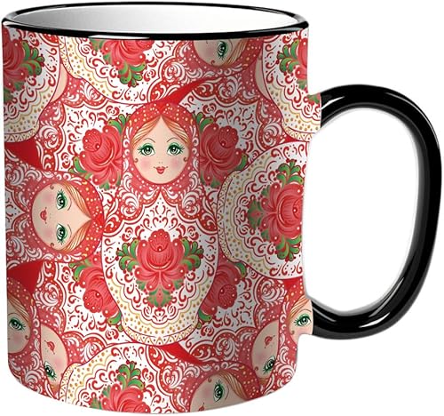 KDWJS Tasse Keramik Kaffeetassen Große 11oz Tassen 330ml Trinkgläser Mit Griff Personalisierte Geschenk Weiß,Babuschka (Matroschka) Muster. Traditionelle russische hölzerne Matrjoschka mit bemalten B von KDWJS