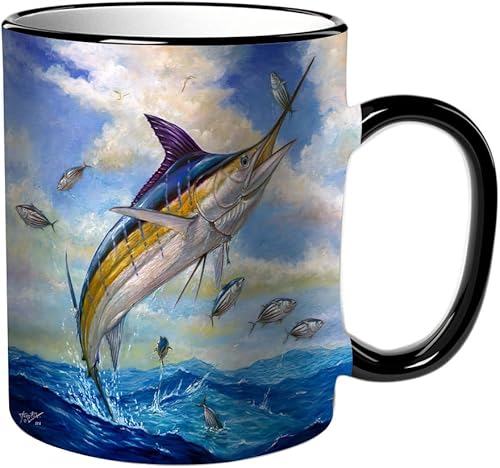 KDWJS Tasse Keramik Kaffeetassen Große 11oz Tassen 330ml Trinkgläser Mit Griff Personalisierte Geschenk Weiß,Blauer Marlin, Billfisch, kleiner Thunfisch, Bonito, Terry Fox von KDWJS