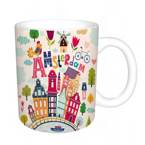 KDWJS Tasse Keramik Kaffeetassen Große 11oz Tassen 330ml Trinkgläser Mit Griff Personalisierte Geschenk Weiß,Cartoon-Stil mit Symbolen von Amsterdam von KDWJS