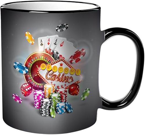 KDWJS Tasse Keramik Kaffeetassen Große 11oz Tassen 330ml Trinkgläser Mit Griff Personalisierte Geschenk Weiß,Casino-Thema mit farbigen Spielchips und Pokerkarten auf dunklem Hintergrund. von KDWJS