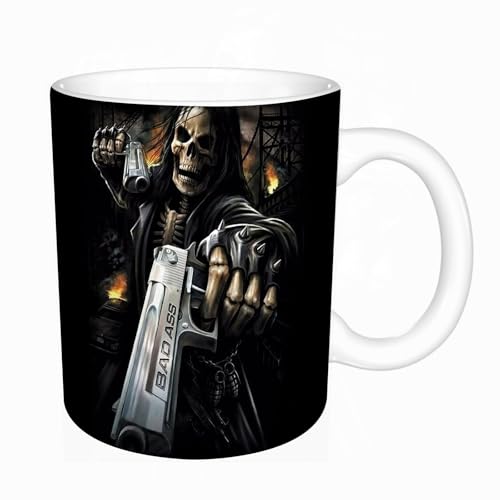 KDWJS Tasse Keramik Kaffeetassen Große 11oz Tassen 330ml Trinkgläser Mit Griff Personalisierte Geschenk Weiß,Cowboy-Totenkopf mit zwei Pistolen von KDWJS