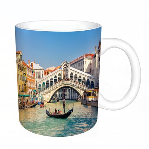 KDWJS Tasse Keramik Kaffeetassen Große 11oz Tassen 330ml Trinkgläser Mit Griff Personalisierte Geschenk Weiß,Gondel in der Nähe der Rialtobrücke in Venedig, Italien von KDWJS