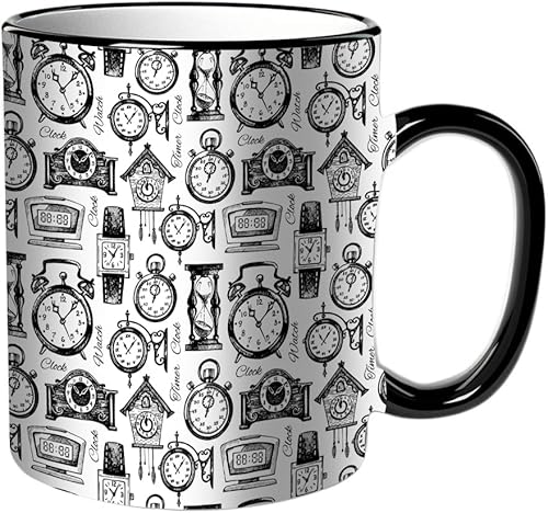 KDWJS Tasse Keramik Kaffeetassen Große 11oz Tassen 330ml Trinkgläser Mit Griff Personalisierte Geschenk Weiß,Handgezeichnete Uhren und Armbanduhren. Vintage handgezeichnetes Skizzenmuster. von KDWJS