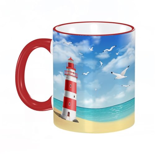 KDWJS Tasse Keramik Kaffeetassen Große 11oz Tassen 330ml Trinkgläser Mit Griff Personalisierte Geschenk Weiß,Leuchtturm am Strand von KDWJS