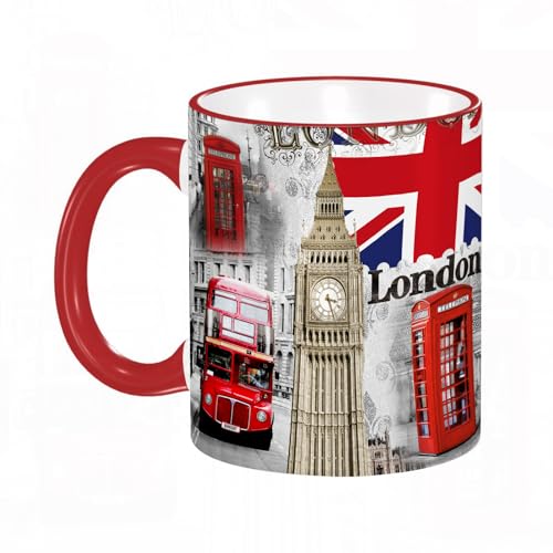 KDWJS Tasse Keramik Kaffeetassen Große 11oz Tassen 330ml Trinkgläser Mit Griff Personalisierte Geschenk Weiß,London England Stadt Wahrzeichen Retro Union Telefon Bus Big Ben Flagge, von KDWJS