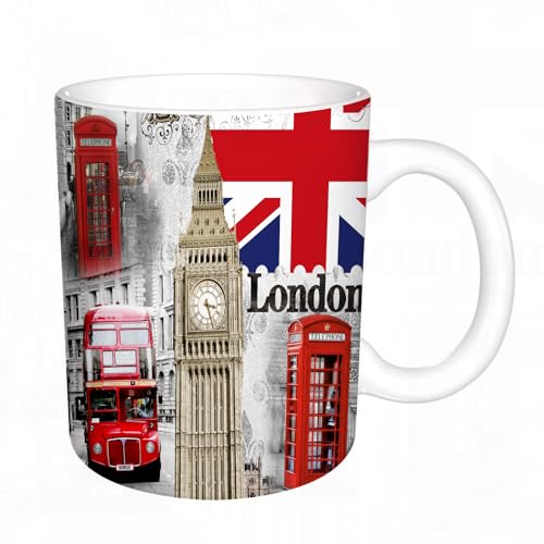 KDWJS Tasse Keramik Kaffeetassen Große 11oz Tassen 330ml Trinkgläser Mit Griff Personalisierte Geschenk Weiß,London England Stadt Wahrzeichen Retro Union Telefon Bus Big Ben Flagge, von KDWJS