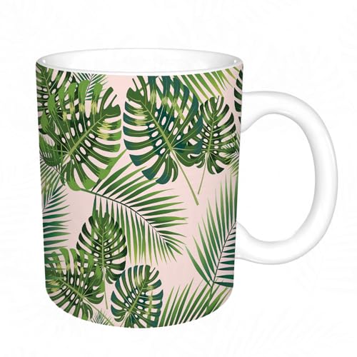 KDWJS Tasse Keramik Kaffeetassen Große 11oz Tassen 330ml Trinkgläser Mit Griff Personalisierte Geschenk Weiß,Muster mit tropischen Palmenblättern. von KDWJS