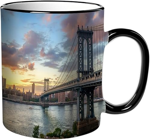 KDWJS Tasse Keramik Kaffeetassen Große 11oz Tassen 330ml Trinkgläser Mit Griff Personalisierte Geschenk Weiß,New York City Waterfront Sonnenuntergang Stadtbild Blick auf den NY Metropolis M River von KDWJS