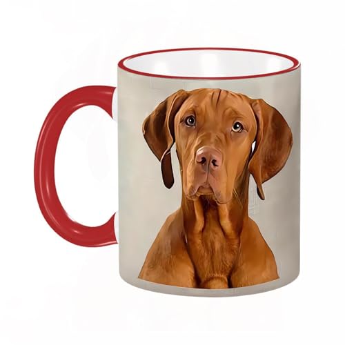 KDWJS Tasse Keramik Kaffeetassen Große 11oz Tassen 330ml Trinkgläser Mit Griff Personalisierte Geschenk Weiß,Porträt eines entzückenden Magyar Vizsla, der neugierig in die Kamera schaut – isoliert au von KDWJS