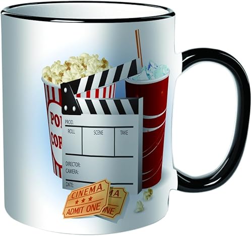 KDWJS Tasse Keramik Kaffeetassen Große 11oz Tassen 330ml Trinkgläser Mit Griff Personalisierte Geschenk Weiß,Soda Tickets Frisches Popcorn und Filmklappe Blockbuster Premiere Kino von KDWJS