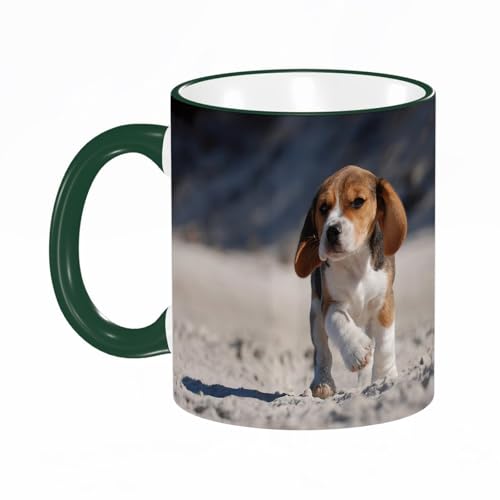 KDWJS Tasse Keramik Kaffeetassen Große 11oz Tassen 330ml Trinkgläser Mit Griff Personalisierte Geschenk Weiß,Spaziergang mit kleinem Beagle am Strand von KDWJS