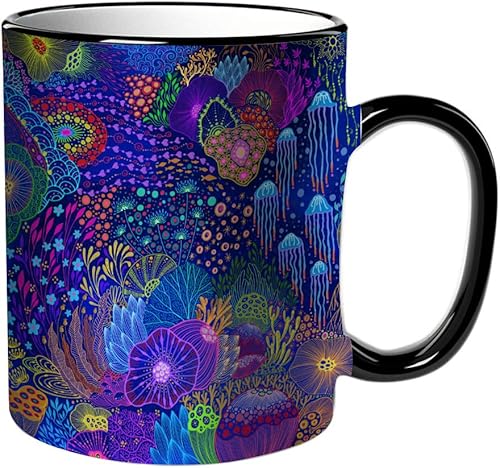KDWJS Tasse Keramik Kaffeetassen Große 11oz Tassen 330ml Trinkgläser Mit Griff Personalisierte Geschenk Weiß,Unter dem Meer mit Korallen-Konzeptdesign mit Ökosystem-platzendem Doodle-Neon-buntem Mals von KDWJS
