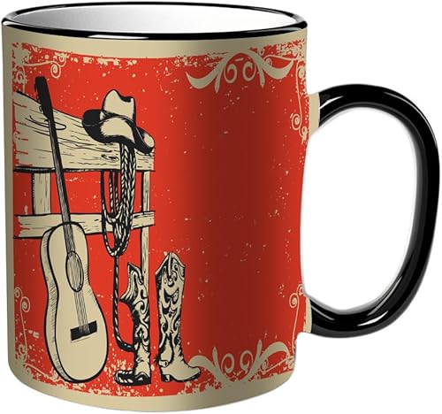 KDWJS Tasse Keramik Kaffeetassen Große 11oz Tassen 330ml Trinkgläser Mit Griff Personalisierte Geschenk Weiß,Western, Bild von Wild-West-Elementen mit Country-Gitarre und Cowboy-Stiefeln im Retro-Sti von KDWJS