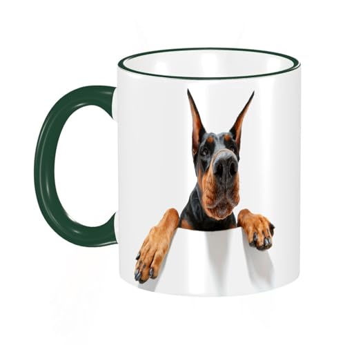 KDWJS Tasse Keramik Kaffeetassen Große 11oz Tassen 330ml Trinkgläser Mit Griff Personalisierte Geschenk Weiß,gehe zu dir. Nahaufnahme, Porträt eines kletternden Dobermanns auf isoliertem weißem Hinte von KDWJS
