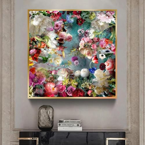 Blumen-Wandkunst, Leinwand, abstrakte Kunst, Gemälde, Dekoration, Pfingstrosen-Leinwanddrucke, moderne Wandbilder für Wohnzimmer, 85 x 85 cm (33 x 33 Zoll), ohne Rahmen von KDXAOBEI